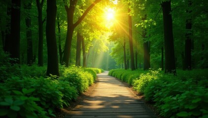 Fototapeta premium Lush forest, sunlight filtering, raised wooden walkway, path, botanical, outdoor