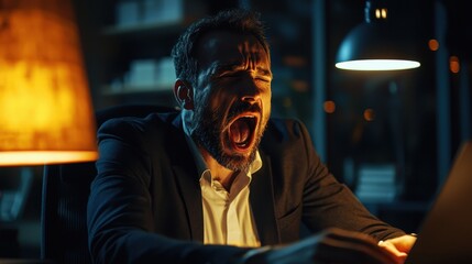 Late night work stress office business photo indoor close-up exhaustion