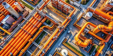 Aerial View: Orange Water Pipes Network City Infrastructure