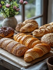 Deliciosos panes recién horneados sobre una tabla, con un ramo de flores al fondo que aportan encanto a la escena.