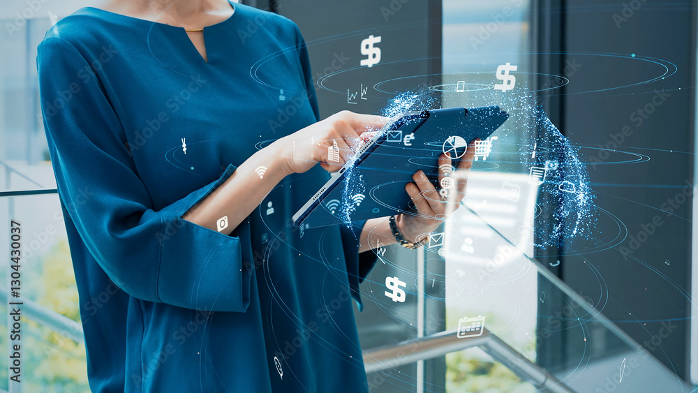 Poster woman using tablet and network concept