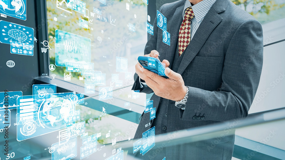 Poster businessman using smartphone and digital data concept