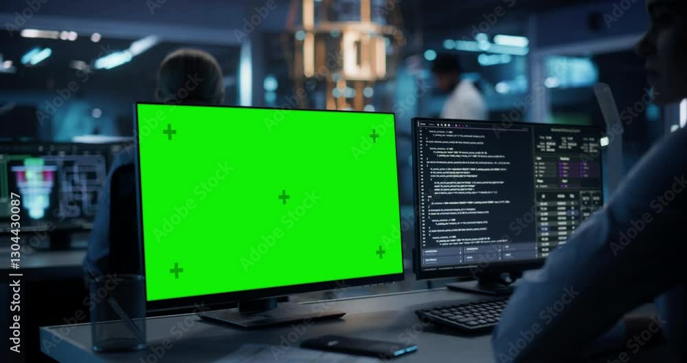 Poster female software developer working behind a desk on a computer with green screen mock up display. eng