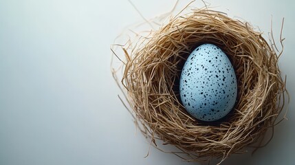 Obraz premium A flatlay, top-down view of a vibrant blue speckled Easter egg nestled within a cozy straw nest against a pristine white backdrop, creating ample space for adding text or a design to enhance the