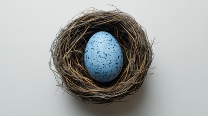 Obraz premium A flatlay, top-down view of a vibrant blue speckled Easter egg nestled within a cozy straw nest against a pristine white backdrop, creating ample space for adding text or a design to enhance the