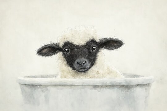 Un corderito curioso asoma su cabeza desde un recipiente blanco, irradiando ternura y dulzura.