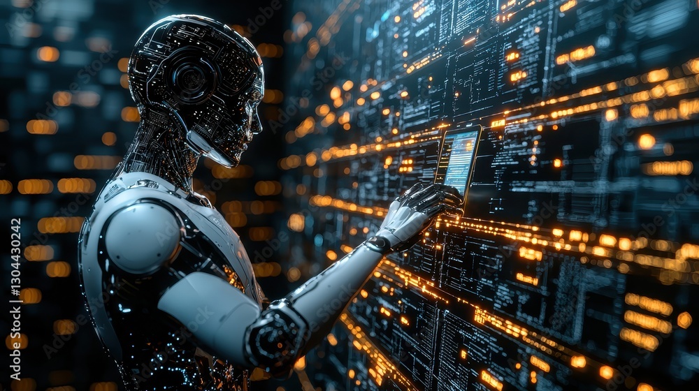 Poster robot engaging with data interface futuristic environment digital art technology perspective