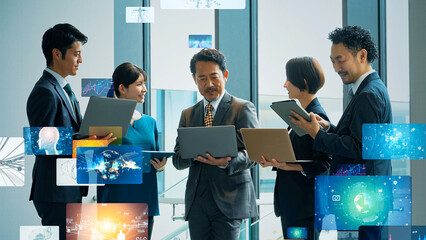 会議するビジネスパーソンと映像コンテンツイメージ