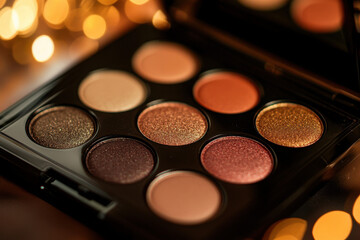 Close-up of an open eyeshadow palette with vibrant colors.