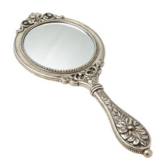 Antique decorative hand mirror on a white background.