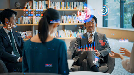 商談する人々と統計データイメージ