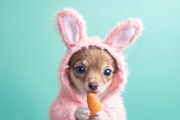 Un chihuahua disfrazado de conejo sostiene una zanahoria, en un fondo verde suave que aporta frescura a la escena.