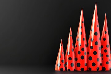 Fototapeta premium Polka Dot Cones on Black - Five red and black polka dot cones arranged in ascending size against a black background. Symbolizing growth, celebration, design, pattern, and geometry