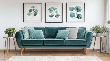 Teal Velvet Sofa in Modern Living Room with Green Artwork