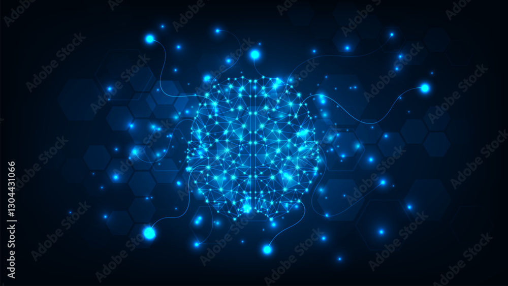 Poster artificial intelligence hardware concept. giowing hologram brain. technology abstract background.