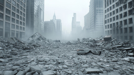 Urban Devastation: A haunting image of a city in ruins, with a foreground of rubble and debris, skyscrapers fade into the hazy background, suggesting a scene of immense destruction and desolation.
