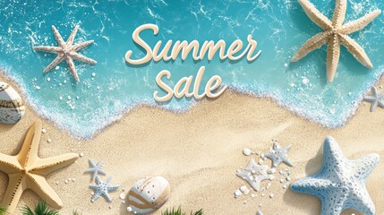 Vector beautiful realistic illustration of top view sandy summer beach. "Summer sale" text horizontal promotional web banner