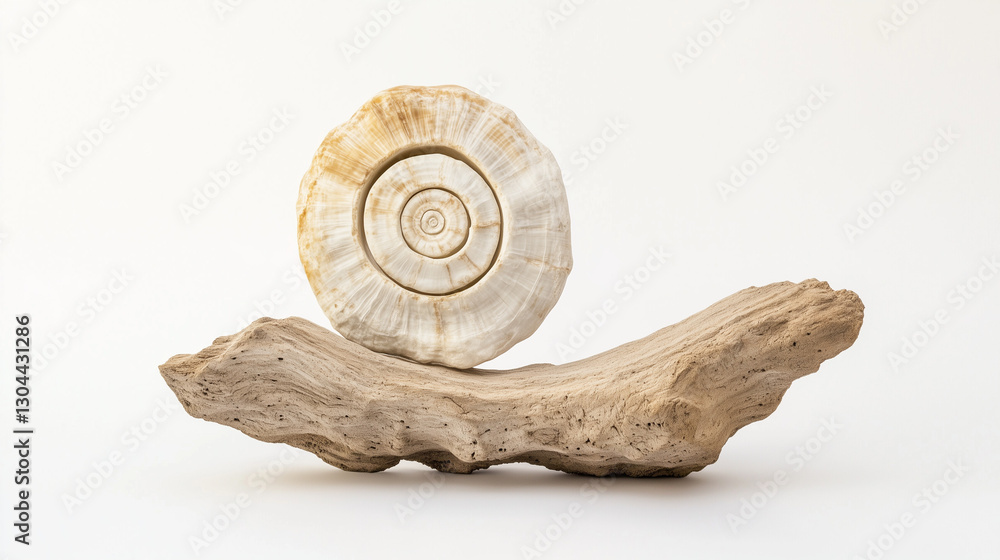 Poster ancient relic: a captivating view of a fossilized shell rests upon a piece of driftwood, this photog