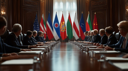 Political Summit: A captivating view of a crucial political summit, where international delegates gather around a large table, adorned with diverse flags. This represents high-level diplomacy. 