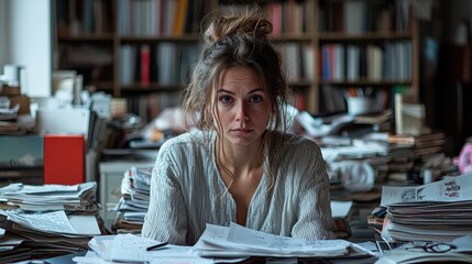 Overwhelmed student in a cluttered workspace home office portrait indoor close-up stress management