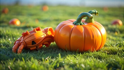 Aerial View: Severed Plastic Arm Beside Toy Pumpkin Halloween Decoration