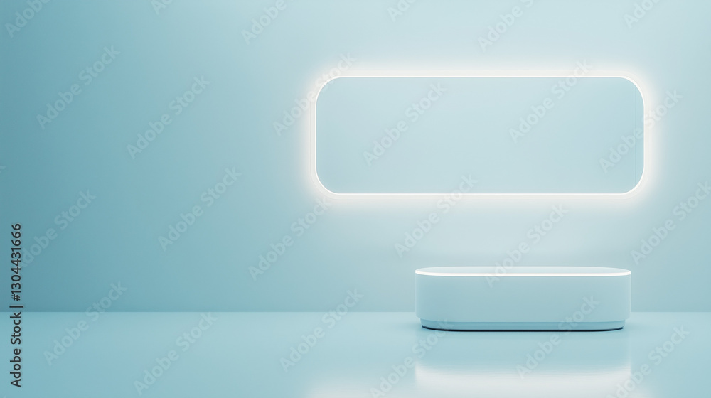 Poster minimalist stage presentation: clean, modern design features an empty stage. a rectangular panel abo