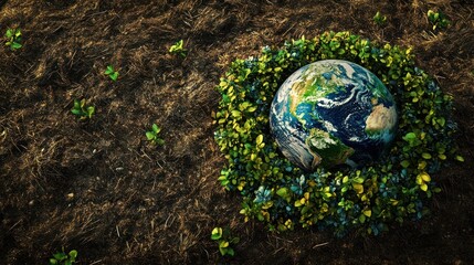 The planet earth encircled by green plants and small seedlings