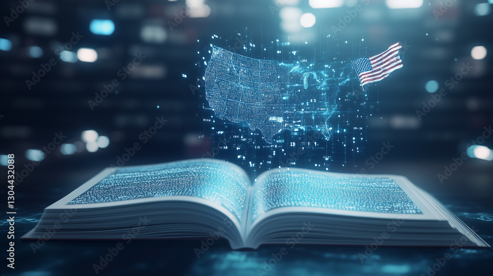Poster illuminating the foundation: an open book serves as the bedrock for a glowing digital depiction of t