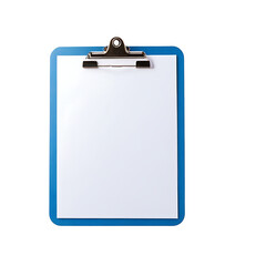 A blue clipboard with a blank white sheet of paper, isolated on a white background. Perfect for office themes, organizational imagery, or note-taking illustrations. Can be used for presentations or do
