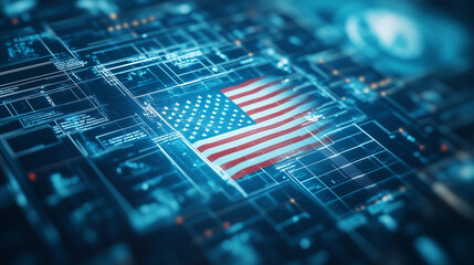 Digital Frontier: The iconic stars and stripes of the American flag take on a futuristic, digitized form, rendered as a vibrant, glowing circuit board.