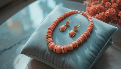 Elegant coral bead necklace and earrings displayed on soft blue cushion, stylish jewelry arrangement with floral accents
