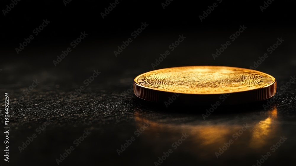 Poster a single, gleaming golden bitcoin coin rests majestically on a deep black background, its surface ca