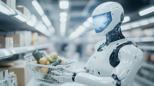 Robot Grocery Shopping: A sleek robotic figure navigates a modern grocery store, selecting fresh produce with a shopping basket, showcasing futuristic technology and automated convenience.