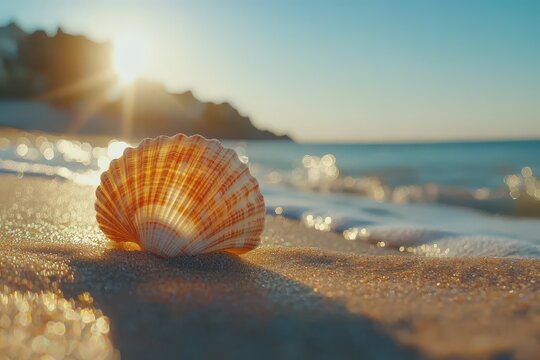 Shell on sandy beach at sunset with soft wave reflections