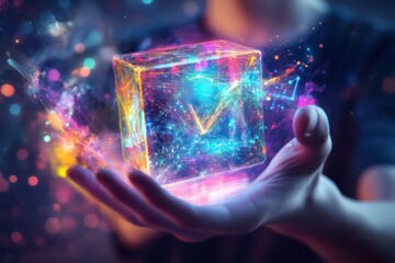 A 3D illustration of a person holding a cube hologram with vibrant digital projections coming out of it, signifying virtual reality and data visualization.