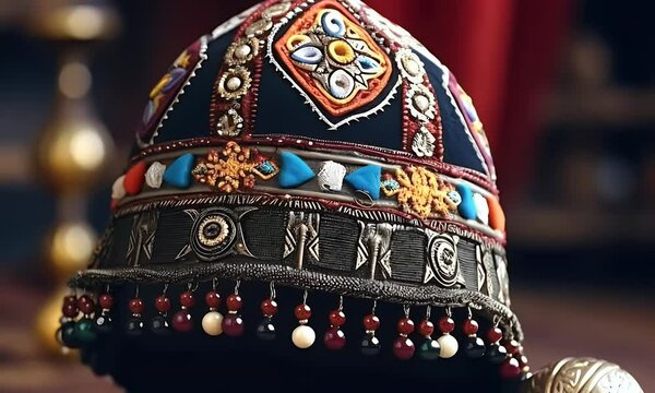 Ornate Mongolian hat, detailed embroidery, cultural display, blurred background