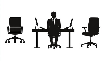 Fototapeta premium Businessman seated at desk, office chairs flanking