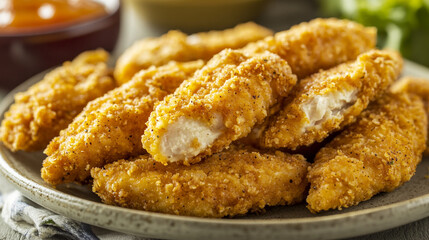 Crispy golden fried chicken tenders delicious food image hot meal meat lunch tasty snack plate dinner