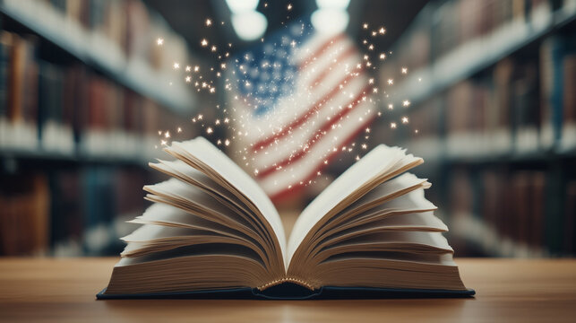 Literary Patriotism: An open book glows with knowledge and sparks, a vibrant portrayal of American spirit, in a library setting. The US flag is shimmering in the background.