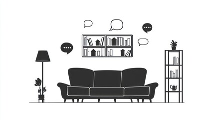 Monochrome living room with sofa, bookshelves, and plants