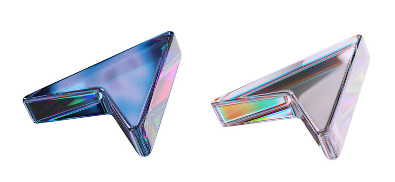 Computer point cursor made of dispersion chromatic glass isolated transparent background. 3d render illustration