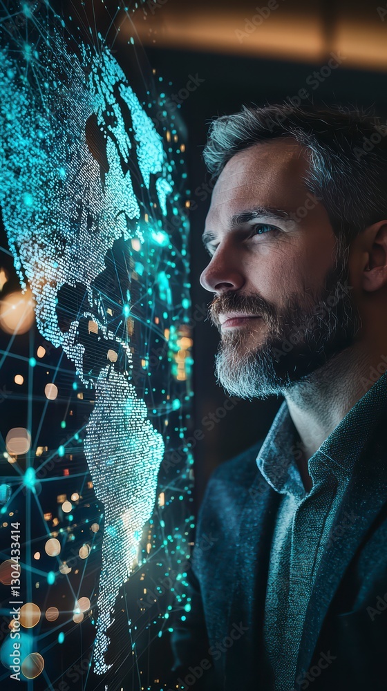 Poster visionary's gaze: a focused man gazes at a holographic world map, illuminated by data streams, symbo