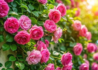 Obraz premium Aerial View Vibrant Pink Climbing Roses Blooming Vine - Stock Photo