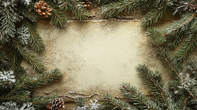 A rustic frame of evergreen pine fronds, adorned with glistening snowflakes, encircles a blank, white card, ready for your heartfelt message of Christmas cheer or holiday warmth.