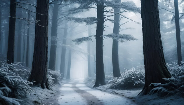 winter forest, snow-covered path, misty atmosphere, tall trees, eerie light, blue tones, foggy landscape, mysterious woodland, ethereal glow, dark silhouettes, cinematic composition, fantasy mood, enc