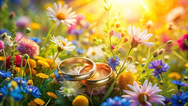 Aerial View Watercolor Wedding Rings on Floral Meadow, Romantic Engagement, High-Resolution Stock Photo