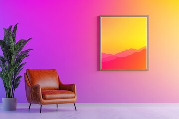 Stylish Room Interior Design with Empty Frame - Modern, minimalist room featuring a leather armchair, plant, and vibrant gradient wall. The empty frame is the focal point, symbolizing potential
