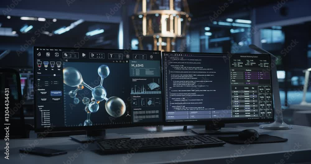 Poster technology laboratory with desktop computers with molecular modelling software. scientific lab, bioe