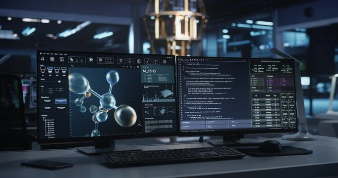 Technology Laboratory with Desktop Computers with Molecular Modelling Software. Scientific Lab, Bioengineering Research Center with Quantum Computer, Technology for Gene and DNA Sequencing Medicine