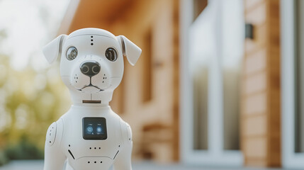 Robot Dog Portrait: A cutting-edge robot dog, mimicking the appearance of a canine companion, stands in a domestic setting, blending artificial intelligence with the warmth of home